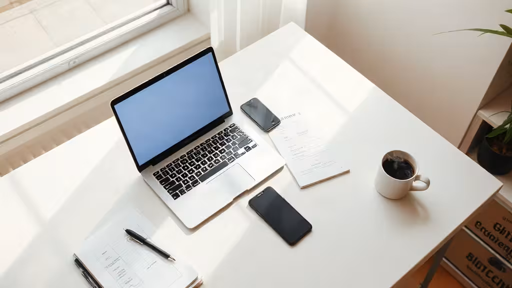 Bureau créatif moderne avec outils pour produire du contenu et quiz TikTok