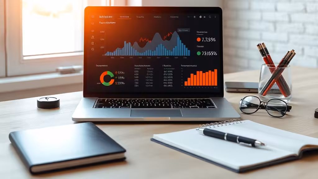 Bureau d'entrepreneur analysant une formation : laptop, dashboard de revenus, notes manuscrites, lumière naturelle