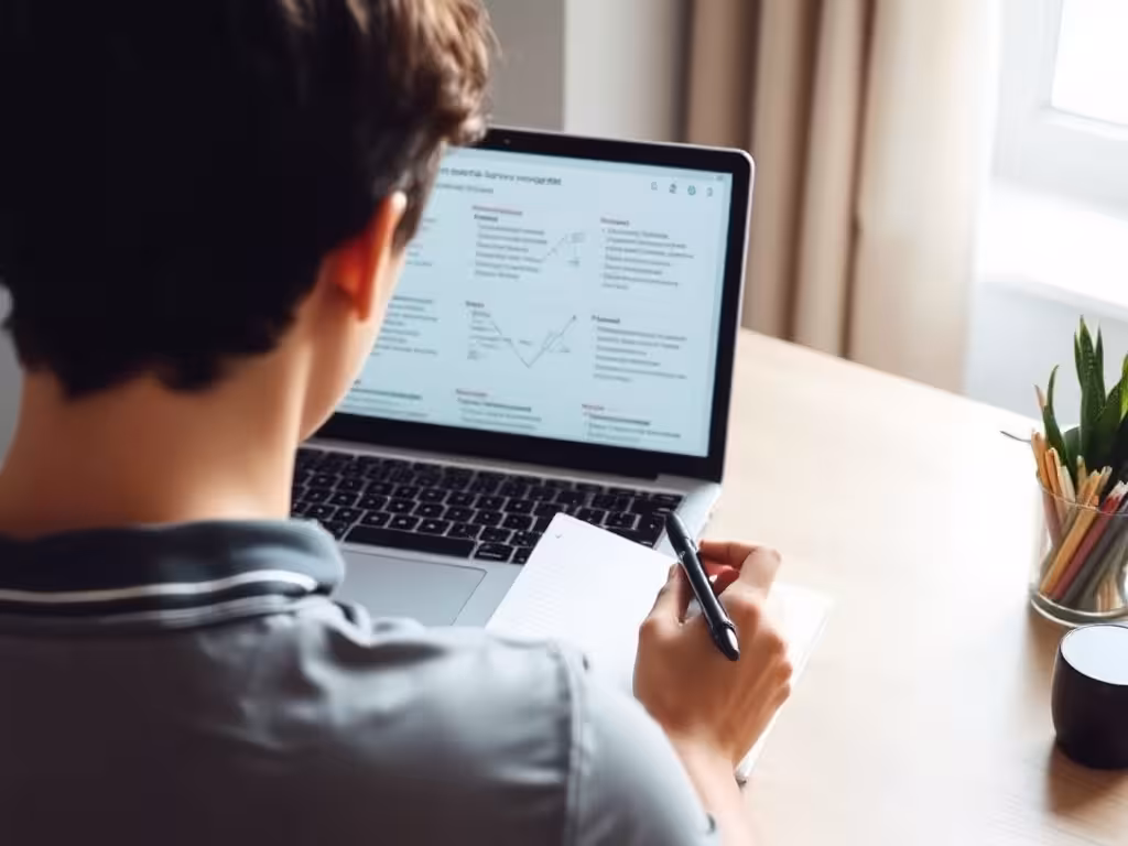Personne prenant des notes en suivant une formation e-commerce en ligne sur son laptop
