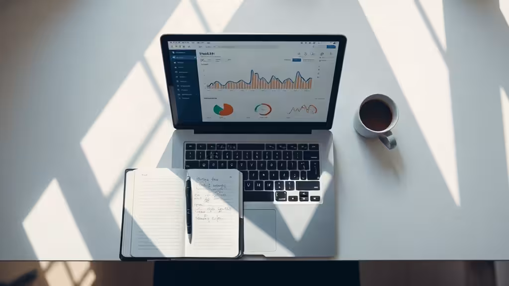 Bureau d'indépendant testant une plateforme SaaS : écran dashboard, notes manuscrites, café, lumière naturelle
