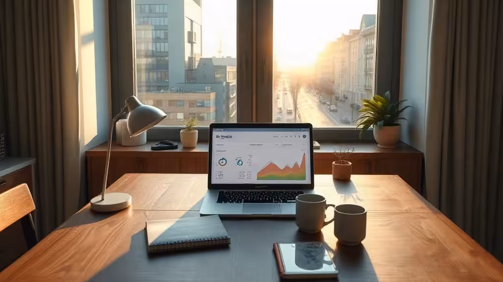 Bureau indépendant pour lancer un business automatisé sans audience, avec ordinateur et tableau de bord.