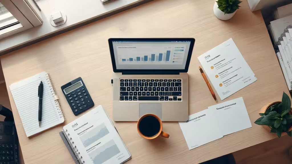 Calculateur coût délégation Fiverr avec budget, scénarios de mission et frais estimés sur un bureau.