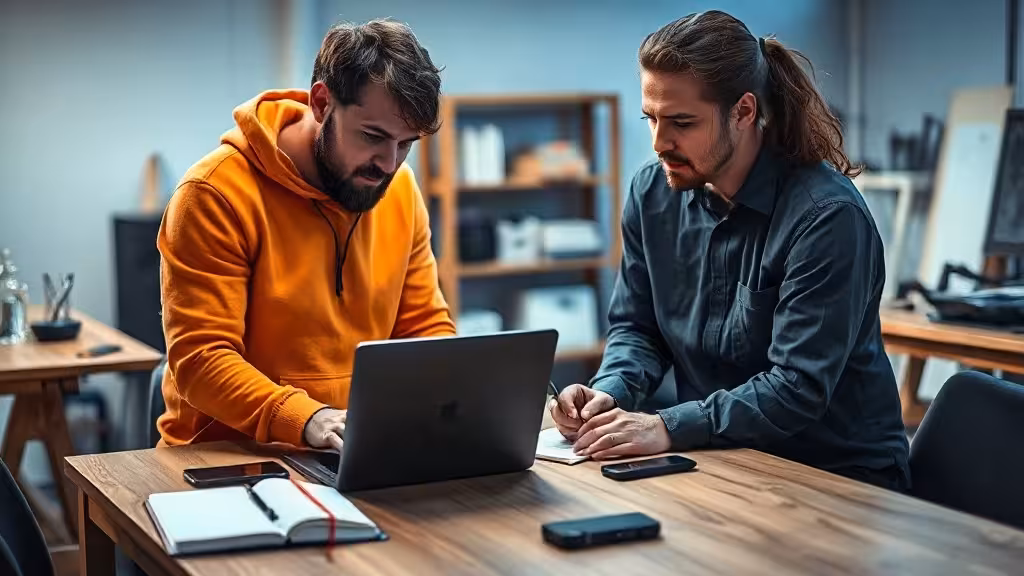 Deux personnes comparent les options d’accès à Claude 6 gratuit dans un atelier business-tech lumineux.