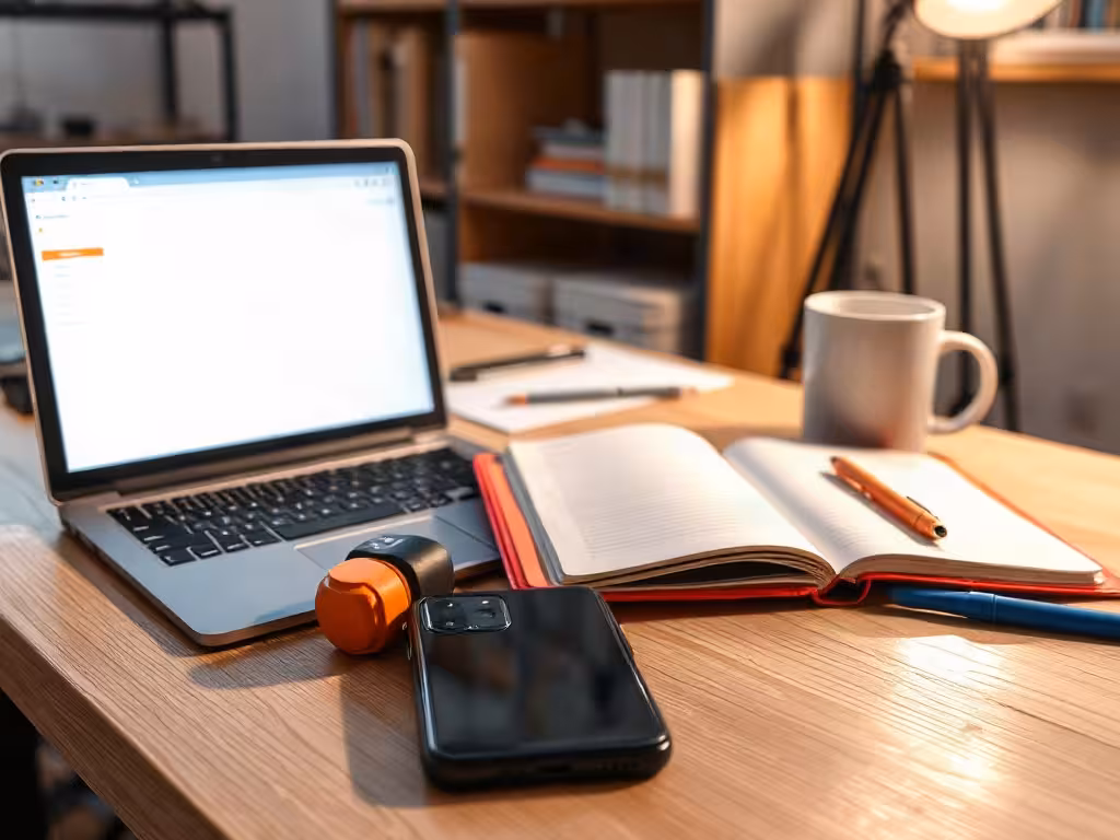 Un bureau organisé pour accéder à Claude 6 gratuit via ordinateur et téléphone.