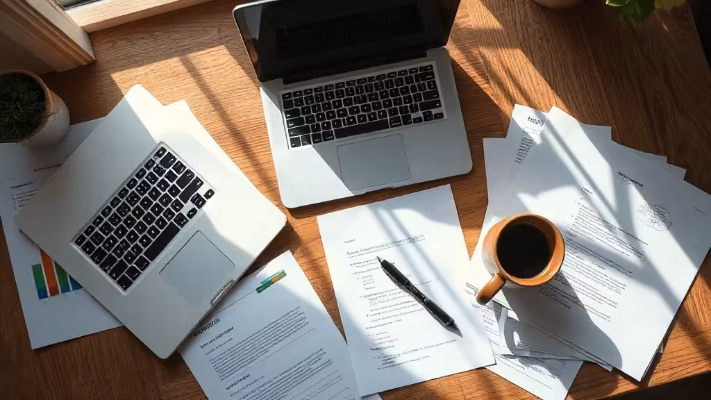 Bureau avec ordinateur portable, documents et notes pour évaluer et vérifier une formation en ligne