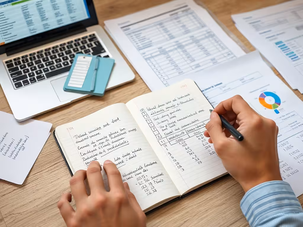 Espace de travail avec calculs manuscrits, documents et ordinateur montrant l'analyse détaillée pour atteindre 2000 € par mois