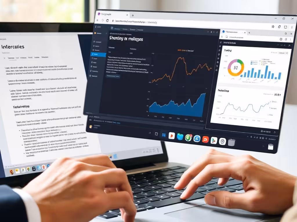 Écran affichant un flux de travail moderne avec plusieurs outils: contenu, données et analytics - montrant comment les outils d'IA augmentent la productivité