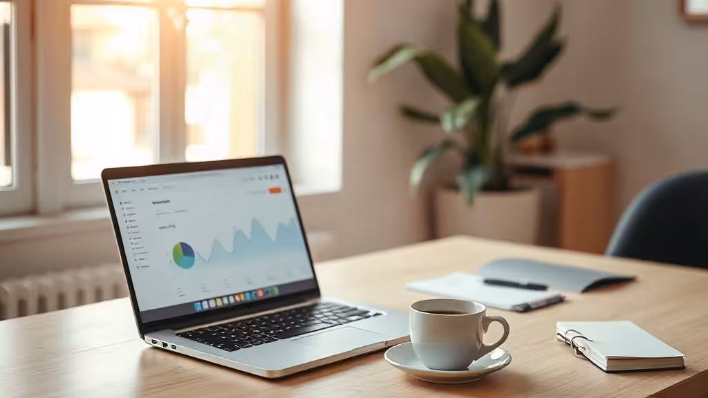 Bureau moderne avec ordinateur affichant un dashboard SEO, café et notes – illustration du travail sur les codes promo Haloscan