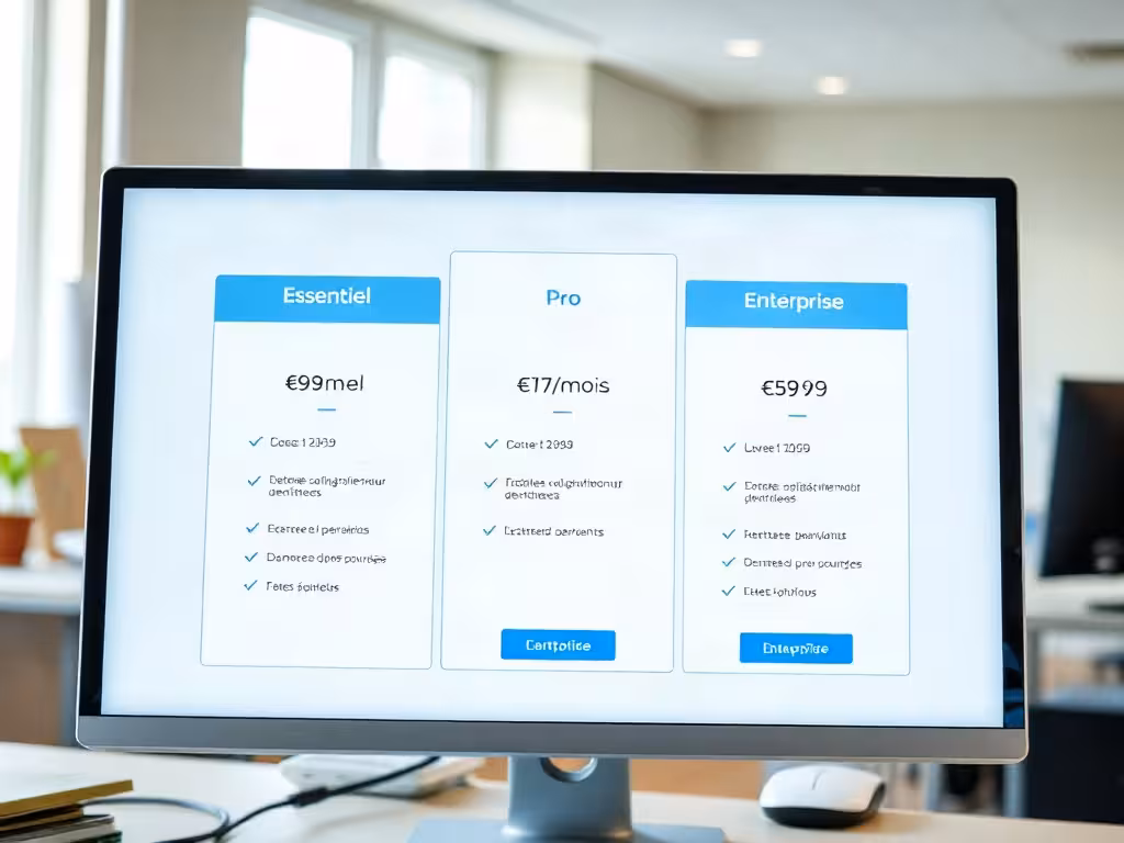 Tableau comparatif des trois plans tarifaires Klubizz affichés à l'écran avec prix et fonctionnalités en français