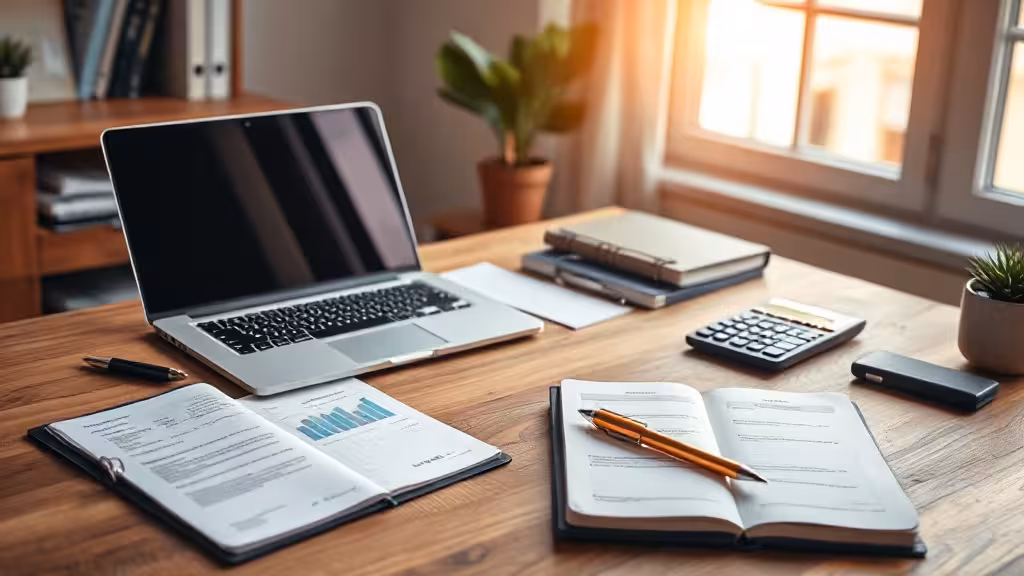 Bureau d'entrepreneur avec ordinateur portable affichant les tarifs et documents de comparaison de prix pour les formules de vente en ligne.