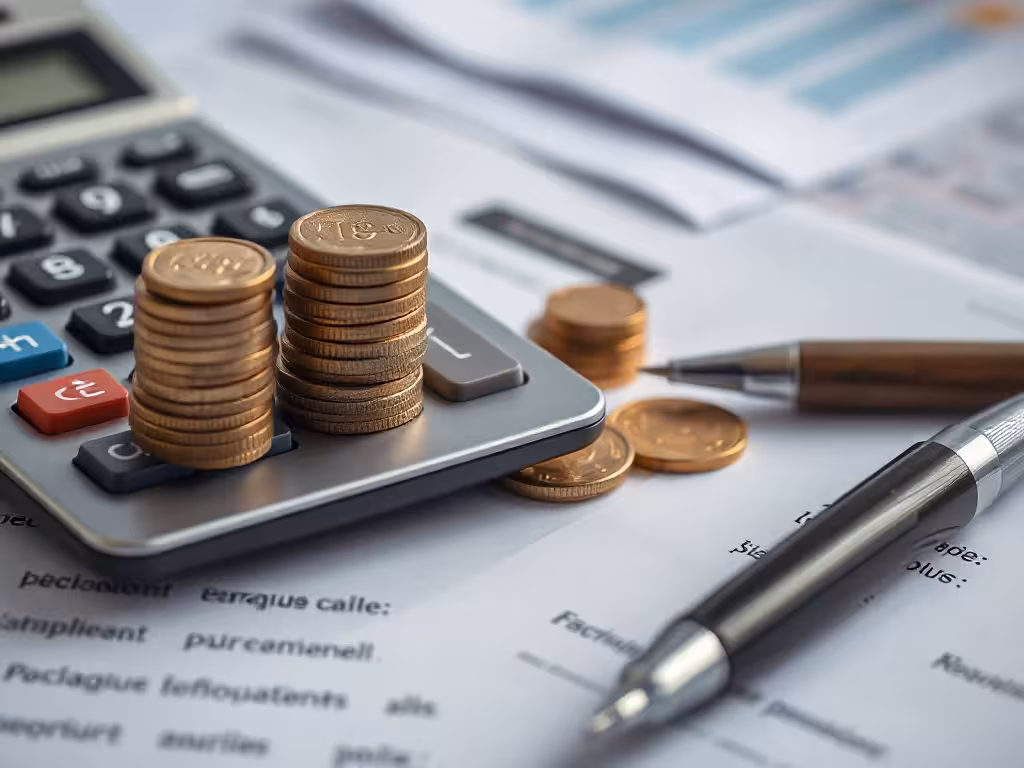 Calculatrice et pièces illustrant les frais additionnels et coûts cachés dans les tarifs de services SaaS.