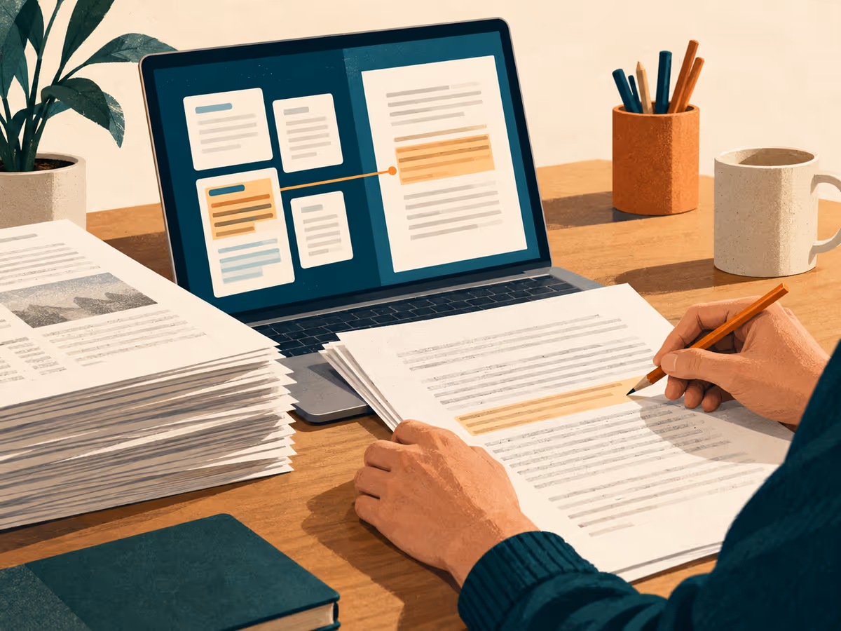 Une personne vérifie des documents à côté de son ordinateur.