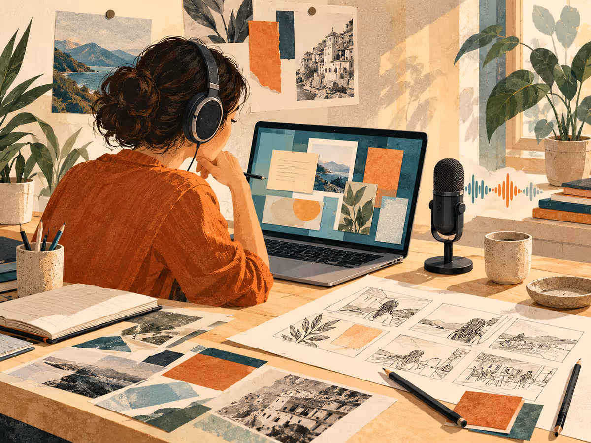 Une créatrice prépare un contenu avec un microphone et un storyboard.