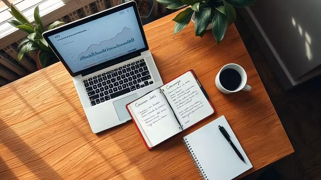 Bureau d'entrepreneur avec laptop, notes comparatives manuscrites en français, café. Lumière naturelle d'après-midi. Meilleur outil tunnel de vente.