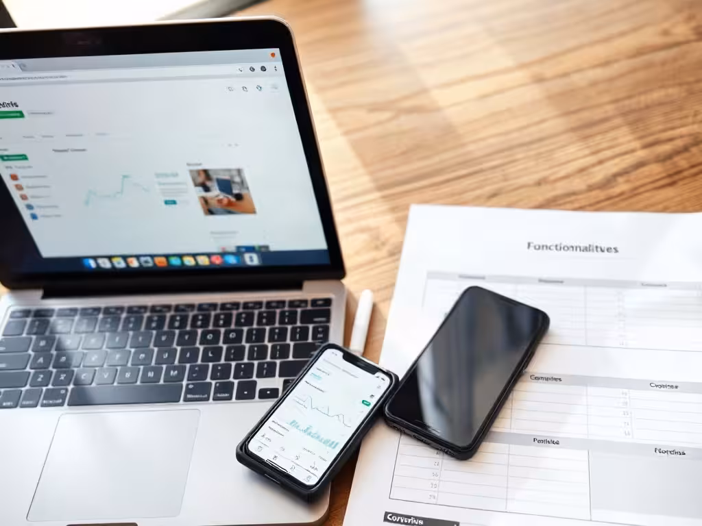 Workspace montrant comparaison d'outils de tunnel de vente avec laptop, smartphone et données analytiques en français.