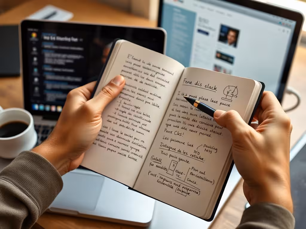Entrepreneur prenant des notes stratégiques pour choisir le meilleur outil de tunnel de vente adapté à son profil.
