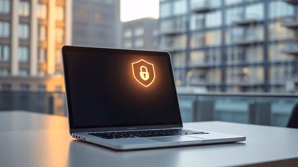 Ordinateur portable affichant une connexion VPN sécurisée, environnement urbain et professionnel moderne