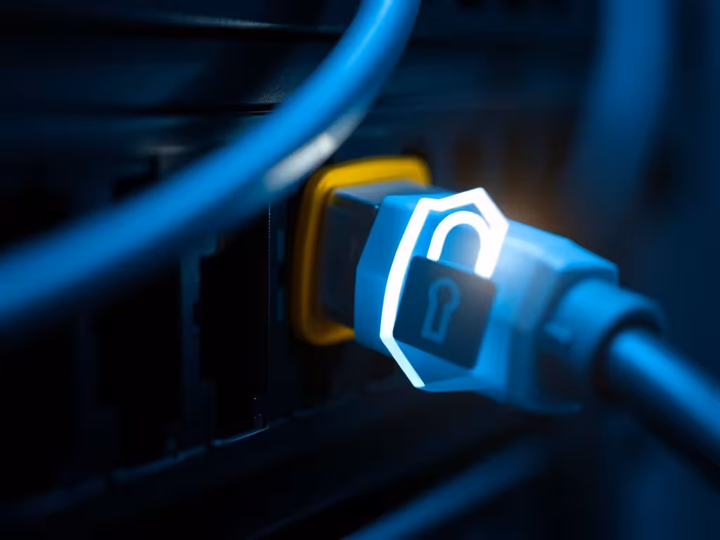 Câble réseau et indicateur lumineux de sécurité symbolisant les protocoles VPN chiffrés