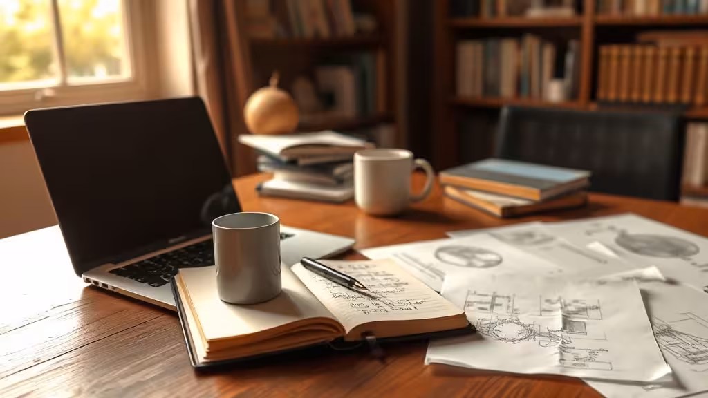 Bureau de travail avec ordinateur, carnets de notes et café pour apprendre le copywriting
