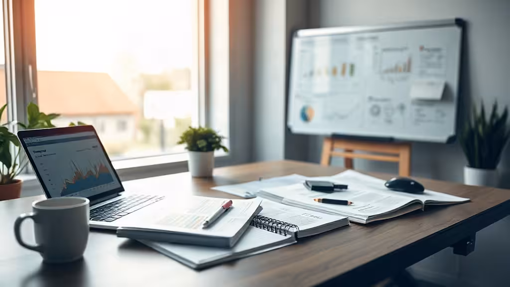 Espace de travail moderne pour la formation en marketing digital, avec documents et analyses de données visibles.
