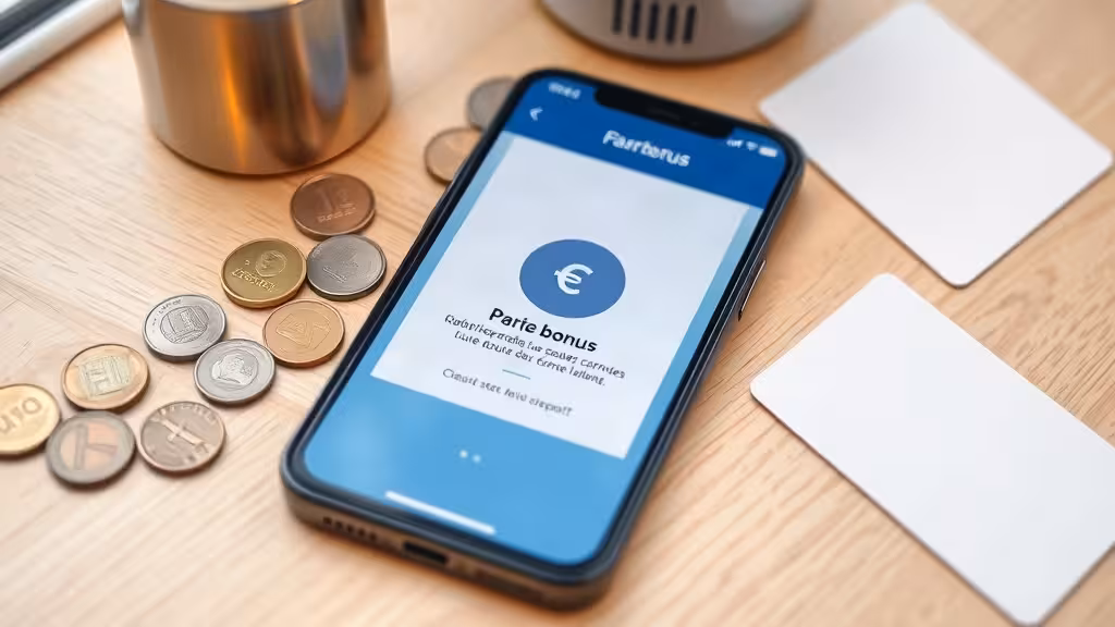Smartphone affichant une application de banque en ligne avec prime de bienvenue en euros sur un bureau