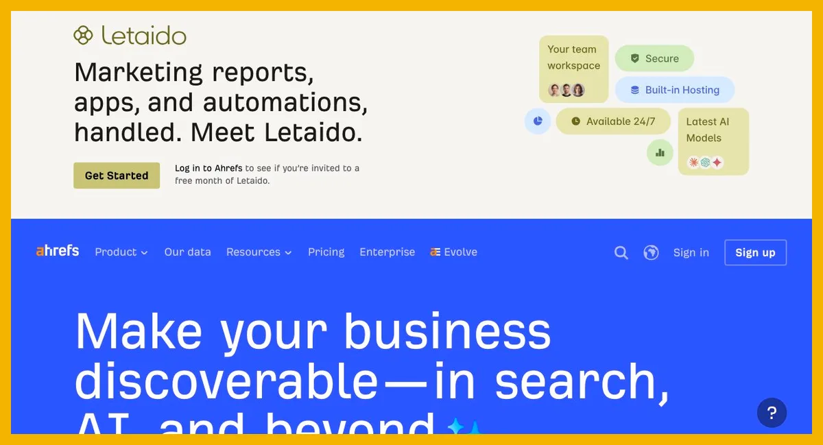 Capture de la page d’accueil d’Ahrefs, plateforme d’analyse SEO et de visibilité dans les IA