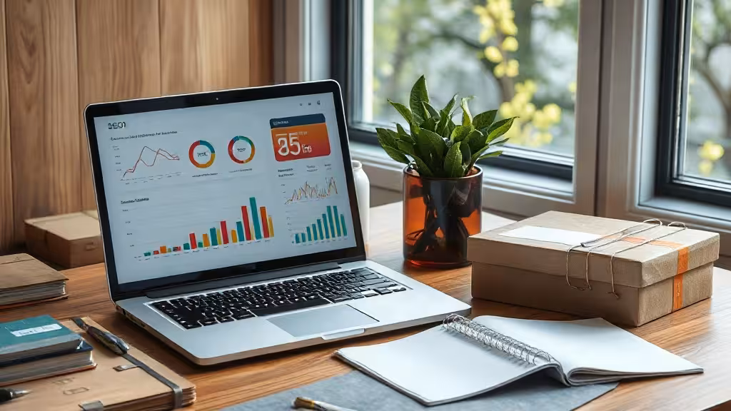 Poste de travail e-commerce illustrant les meilleurs outils SEO et GEO avec données de visibilité locale.