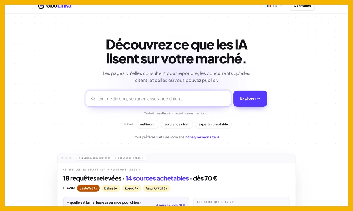 Capture de la page d’accueil de GeoLinka avec son explorateur des pages que les IA lisent sur un marché