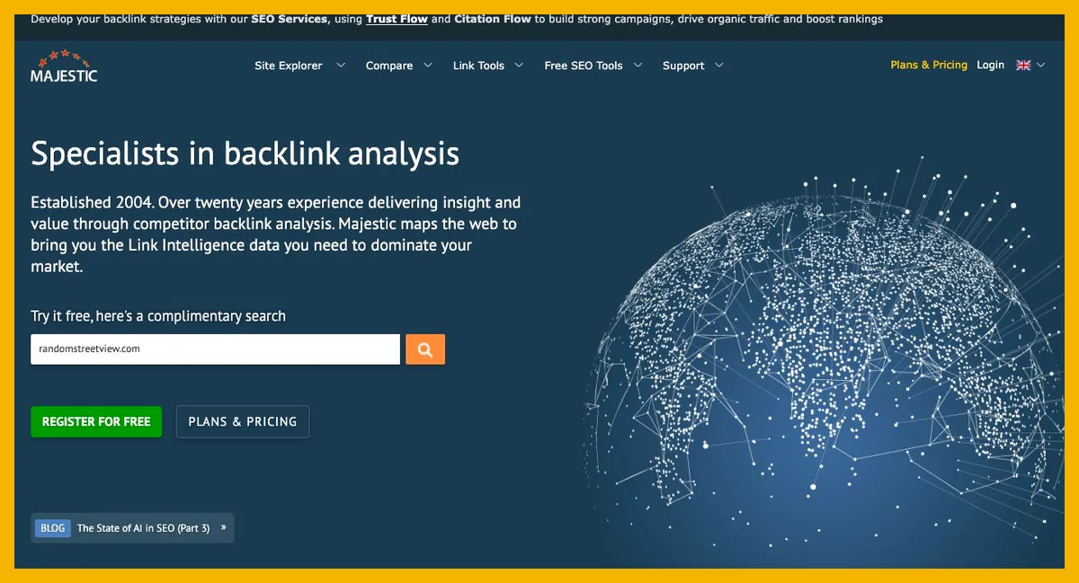 Capture de la page d’accueil de Majestic, spécialiste de l’analyse de backlinks