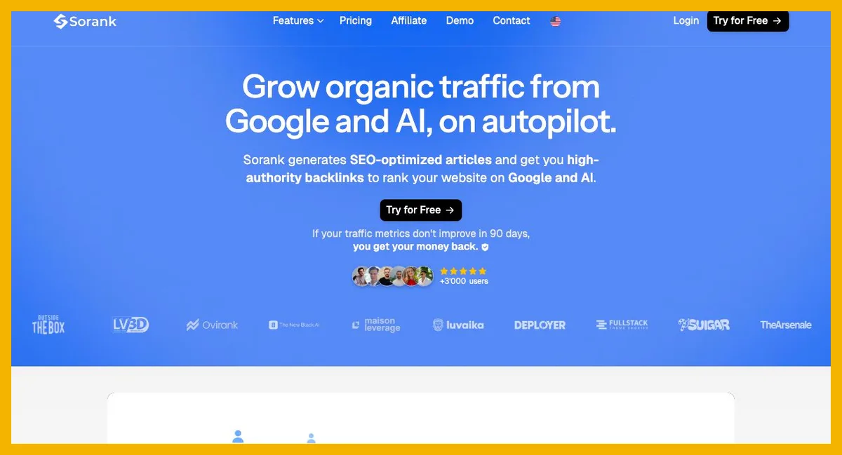 Capture de la page d’accueil de Sorank, plateforme SEO et GEO en pilote automatique