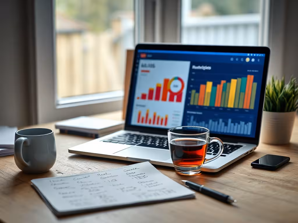 Espace de travail de créateur avec laptop affichant des statistiques de revenus et des notes de contenu manuscrites.