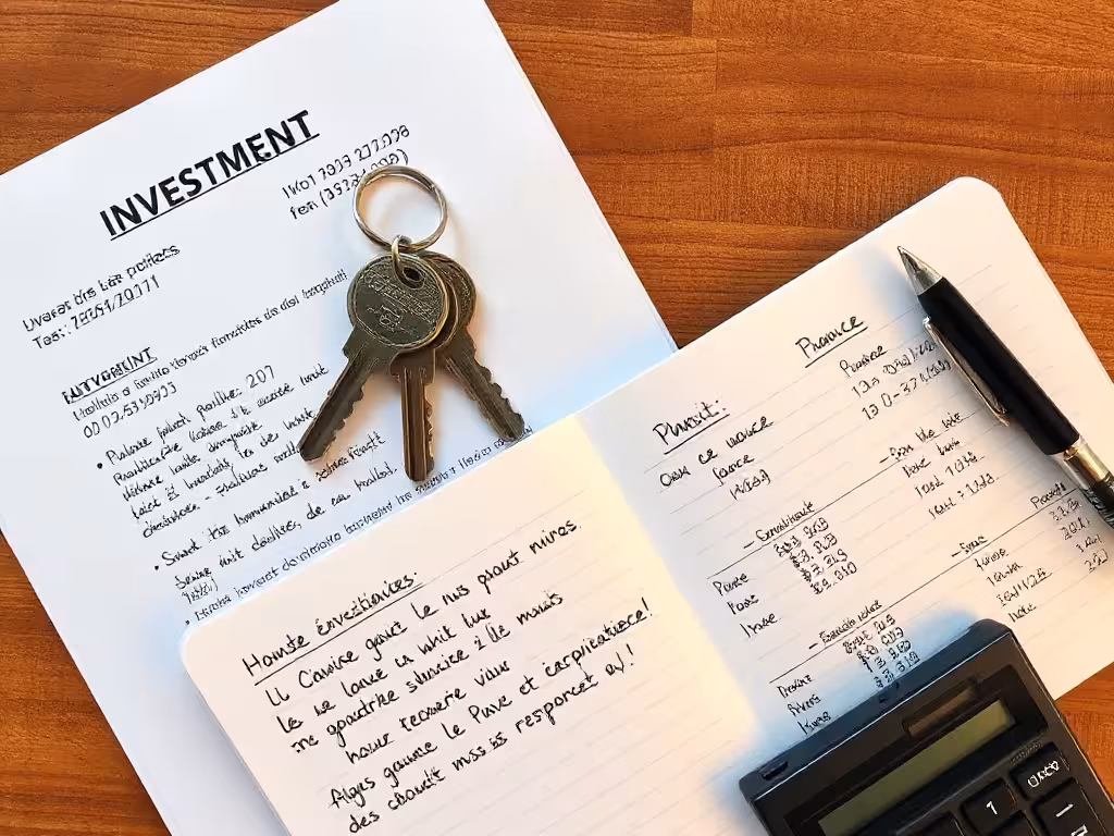 Composition d'investissement : clés de propriété, documents financiers et notes de planification sur un bureau éclairé.