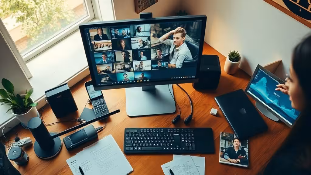 Bureau de créateur vidéo avec écran montrant des clips en grille et interface de montage sous lumière naturelle