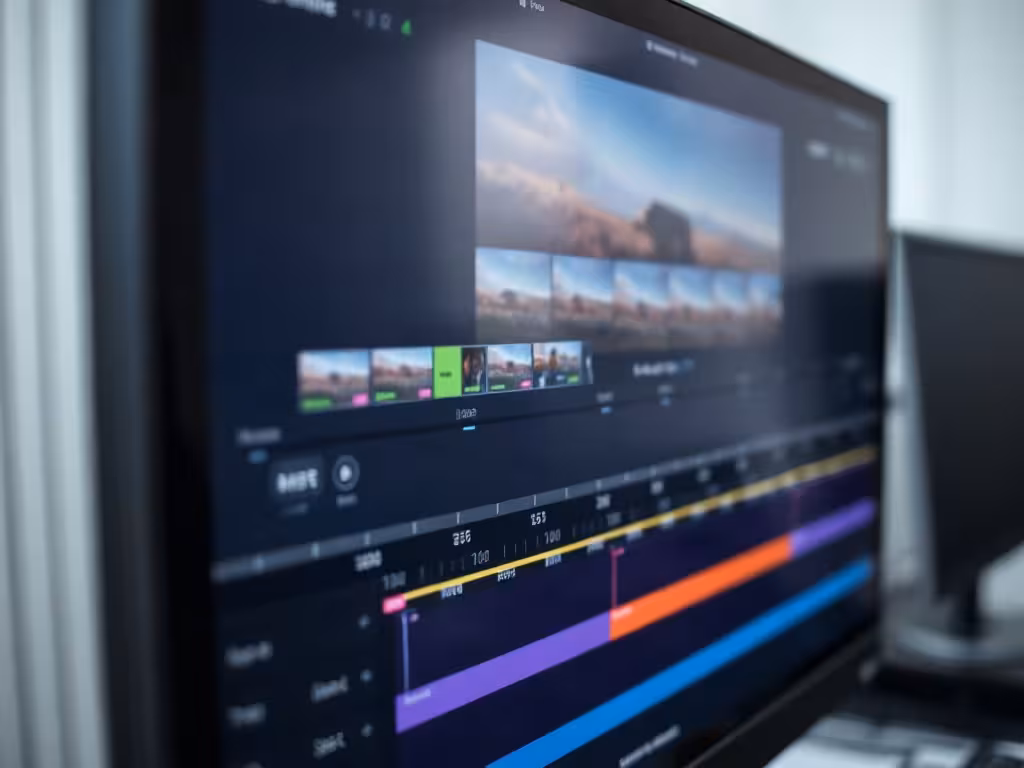 Timeline de montage vidéo avec segments de clips codés par couleur et contrôles d'édition