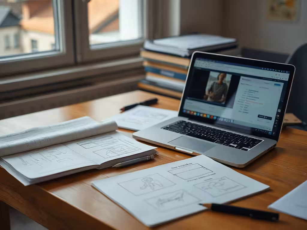 Espace de travail avec laptop et notes manuscrites pour planifier l'édition de clips vidéo