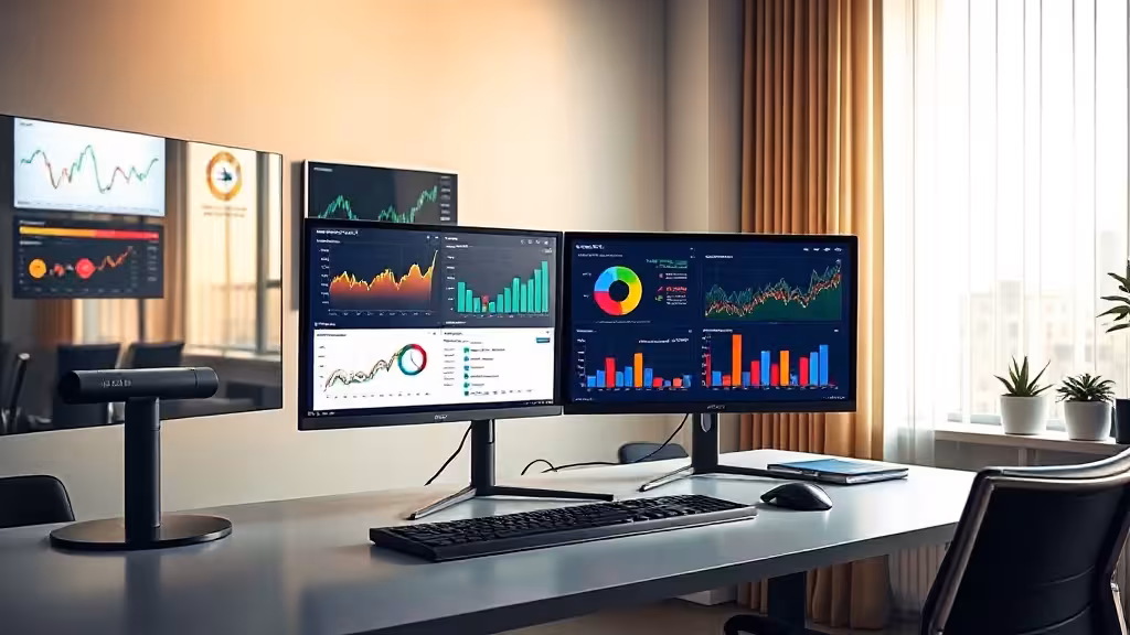 Poste de travail multécrans affichant des tableaux de bord et graphiques pour analyser les alternatives à PipiAds