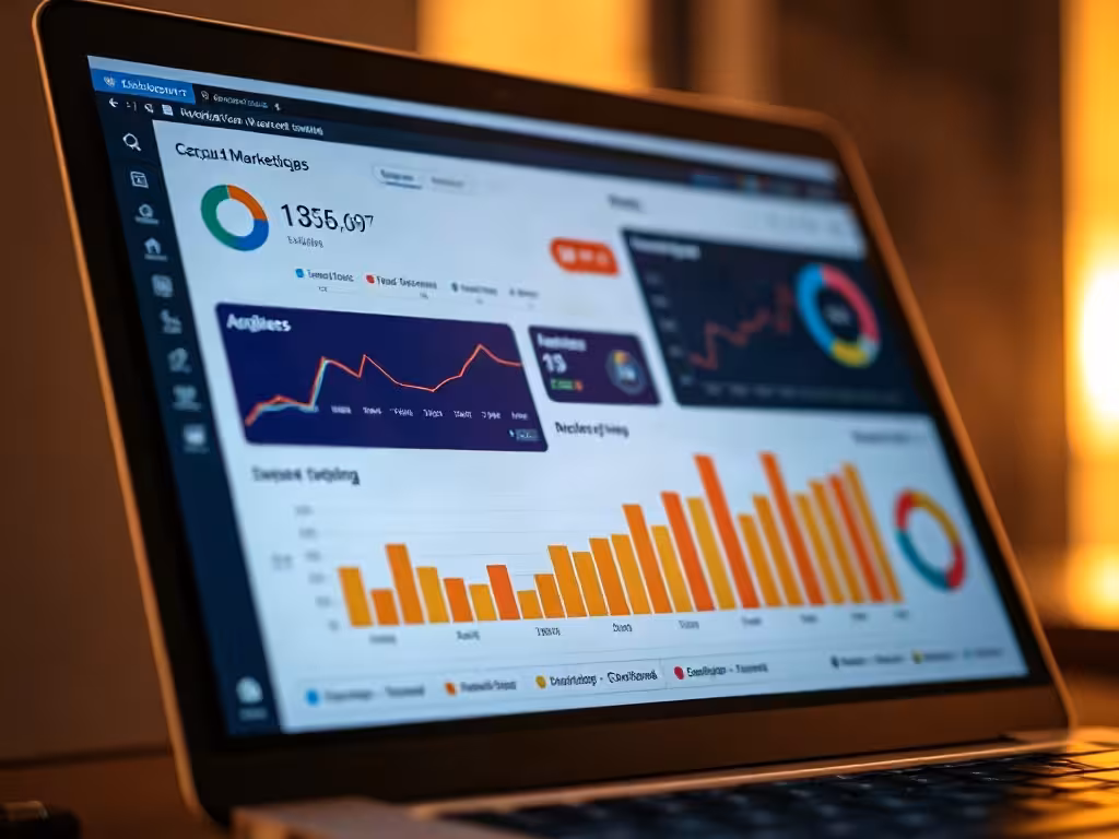 Dashboard d'interface publicitaire montrant limites d'utilisation et graphiques de campagne, pour explorer les plafonds concrets de l'essai gratuit
