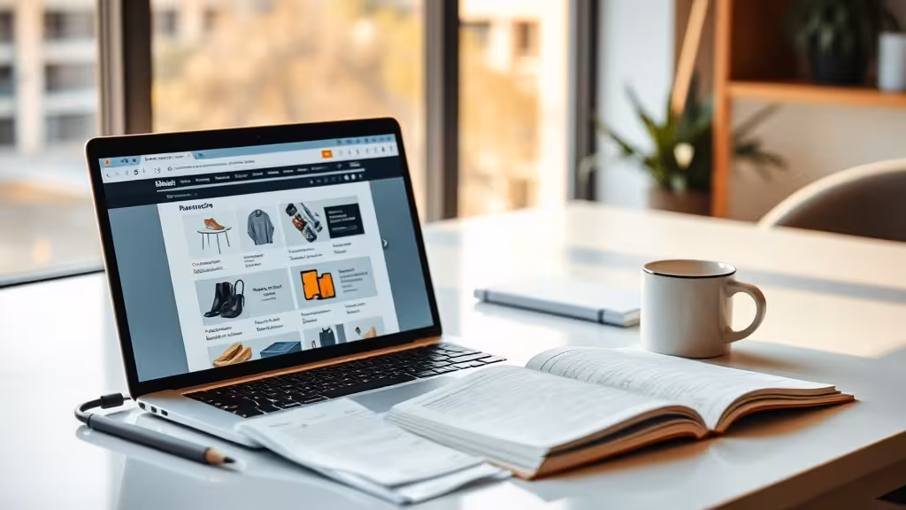 Un espace de travail avec laptop pour analyse de produits e-commerce, lumière naturelle