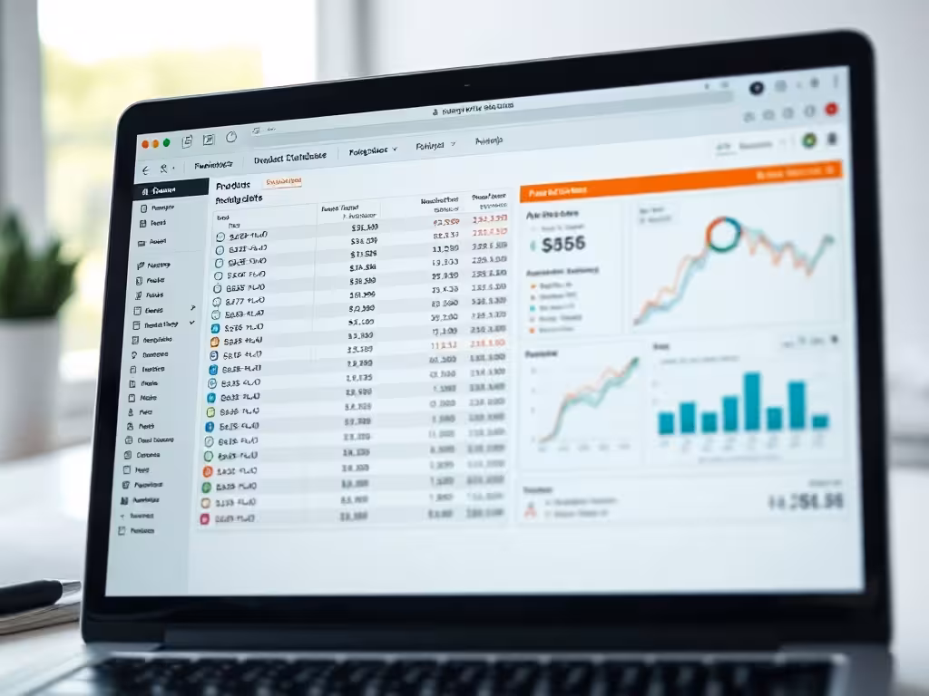 Interface de base de données de produits sur laptop avec colonnes de données et filtres de marché