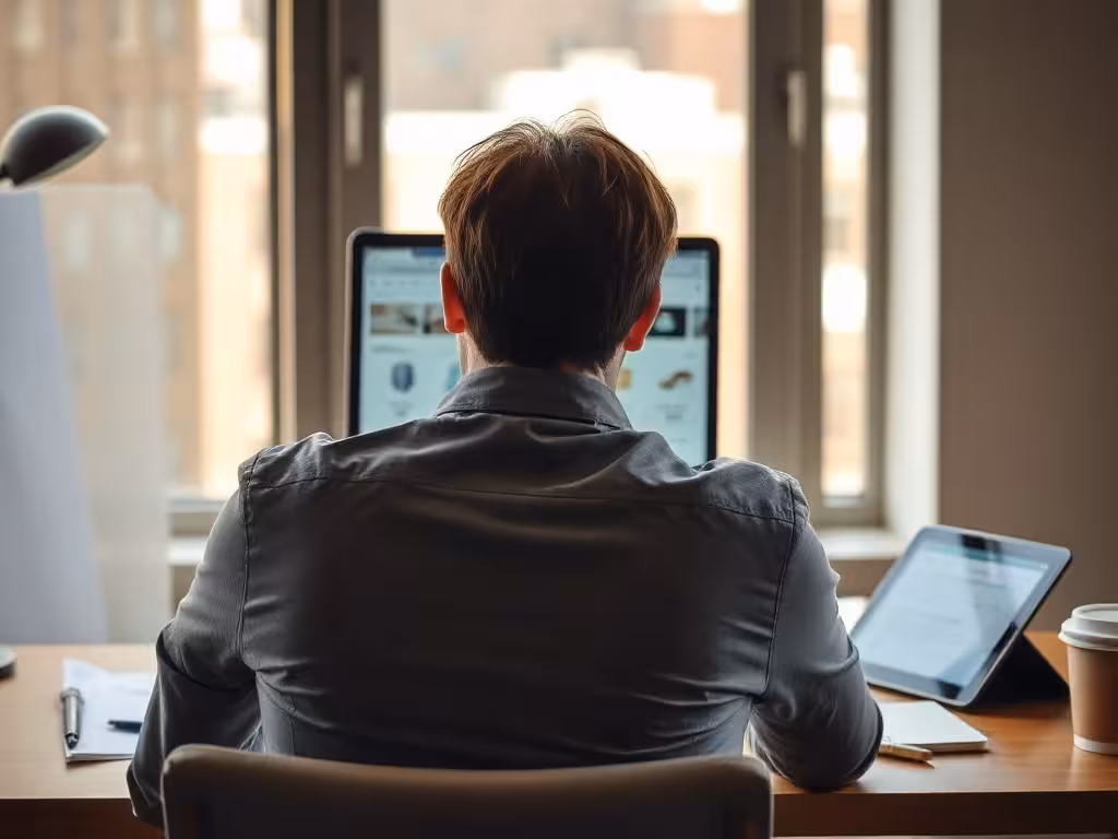 Un vendeur en ligne de dos à son bureau travaillant sur analyse de produits avec laptop et notes