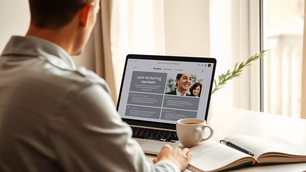 Espace de travail minimaliste avec ordinateur affichant une plateforme de formation en ligne
