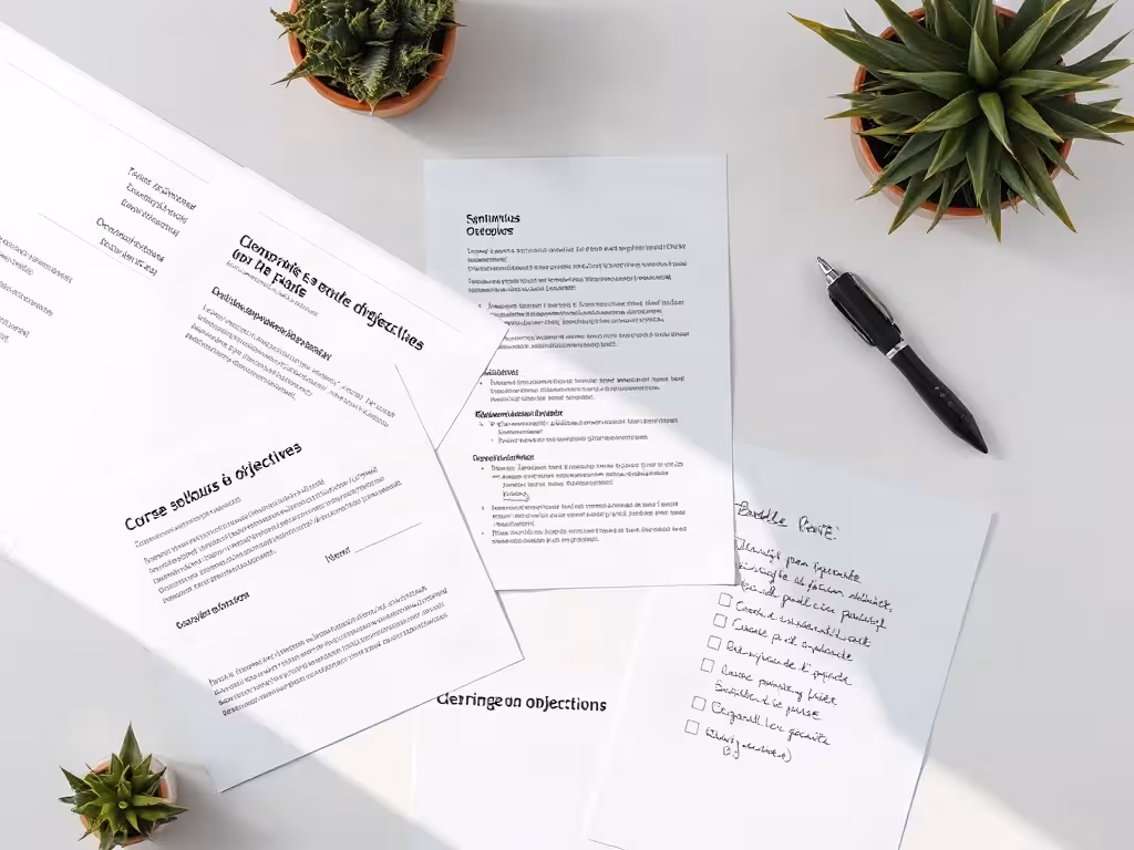Documents de formation détaillés montrant la structure et les objectifs d'apprentissage d'une formation business en ligne