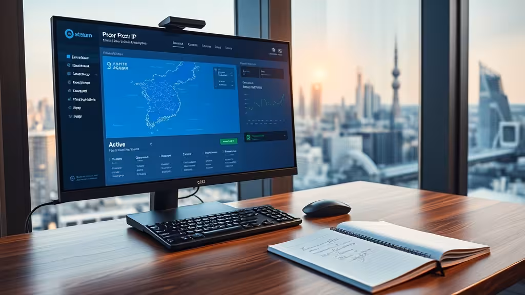Tableau de bord d'analyse réseau avec proxy coréen actif et skyline de Séoul