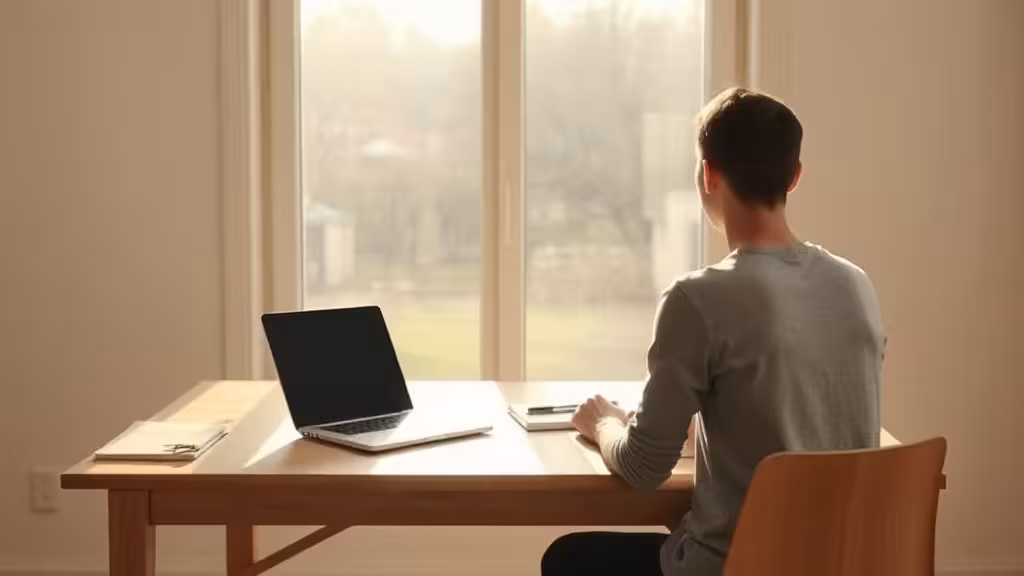 Personne travaillant à un bureau minimaliste en lumière naturelle, illustrant le démarrage réaliste des revenus passifs